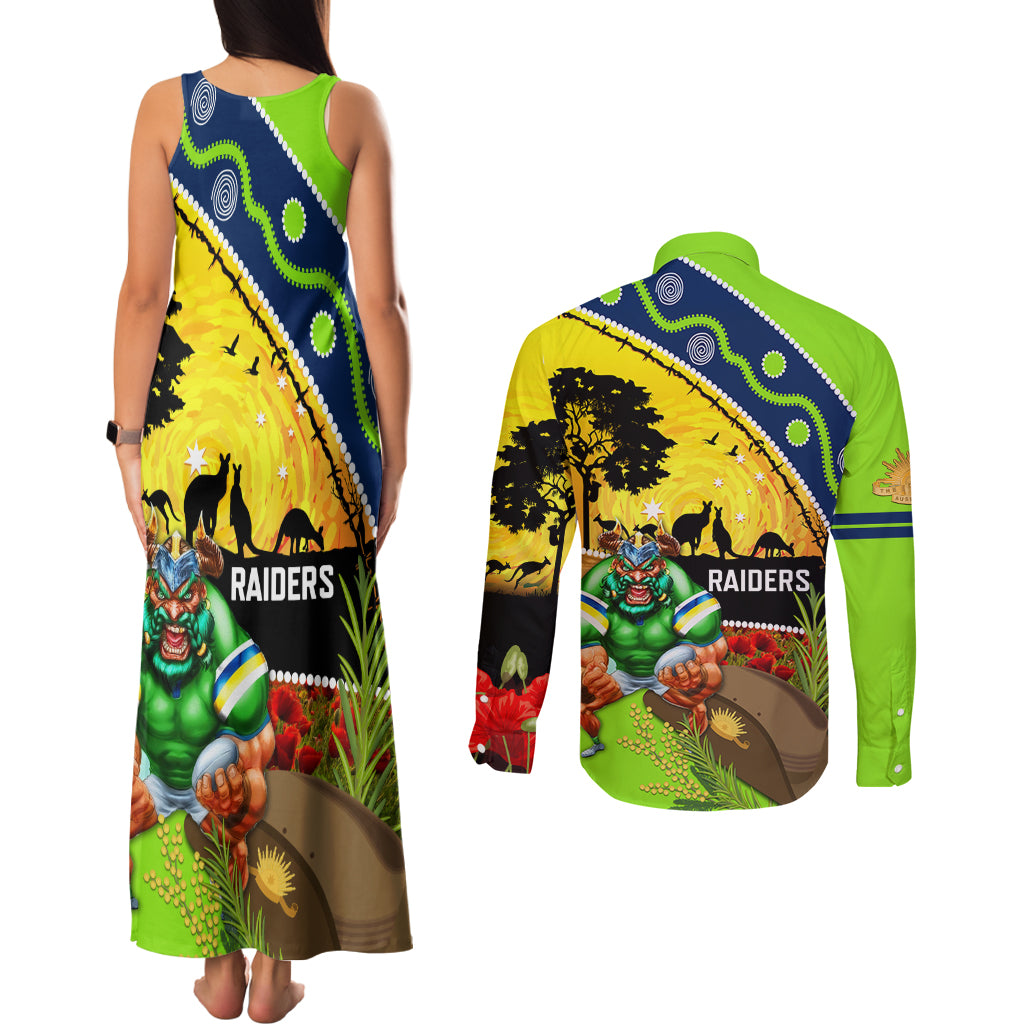 Raiders Rugby ANZAC Day Couples Matching Tank Maxi Dress and Long Sleeve Button Shirt Green Machine Mascot Rosemary Starry Night