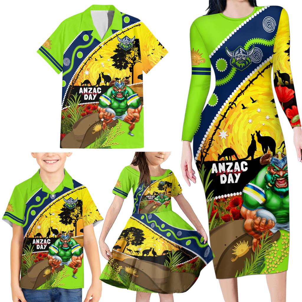 Raiders Rugby ANZAC Day Family Matching Long Sleeve Bodycon Dress and Hawaiian Shirt Green Machine Mascot Rosemary Starry Night