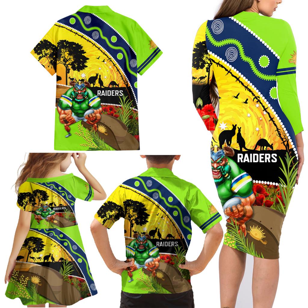 Raiders Rugby ANZAC Day Family Matching Long Sleeve Bodycon Dress and Hawaiian Shirt Green Machine Mascot Rosemary Starry Night