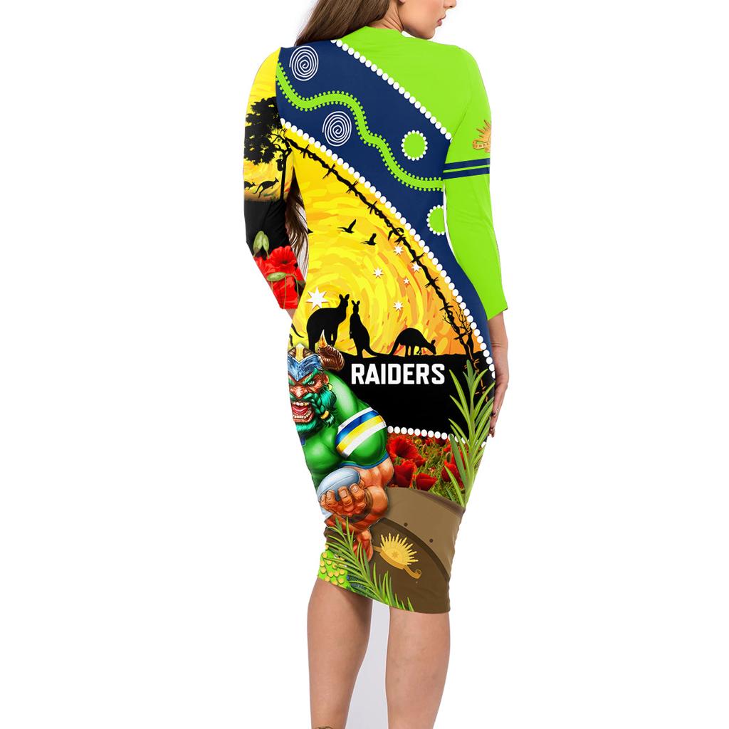 Raiders Rugby ANZAC Day Family Matching Long Sleeve Bodycon Dress and Hawaiian Shirt Green Machine Mascot Rosemary Starry Night