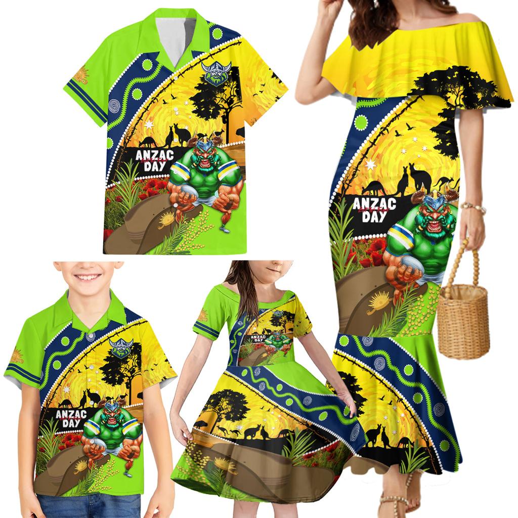 Raiders Rugby ANZAC Day Family Matching Mermaid Dress and Hawaiian Shirt Green Machine Mascot Rosemary Starry Night