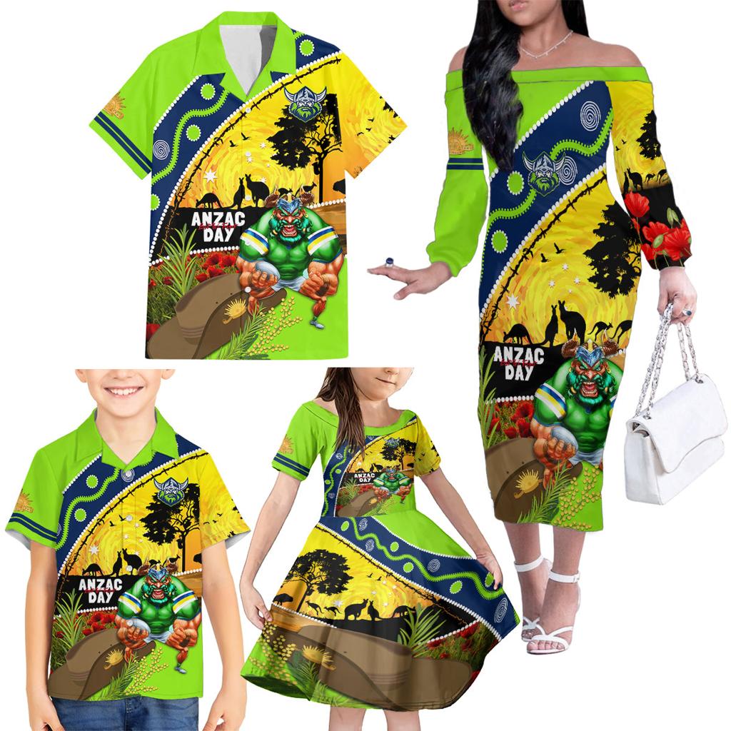 Raiders Rugby ANZAC Day Family Matching Off Shoulder Long Sleeve Dress and Hawaiian Shirt Green Machine Mascot Rosemary Starry Night