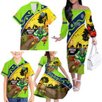 Raiders Rugby ANZAC Day Family Matching Off Shoulder Long Sleeve Dress and Hawaiian Shirt Green Machine Mascot Rosemary Starry Night