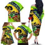 Raiders Rugby ANZAC Day Family Matching Off Shoulder Long Sleeve Dress and Hawaiian Shirt Green Machine Mascot Rosemary Starry Night