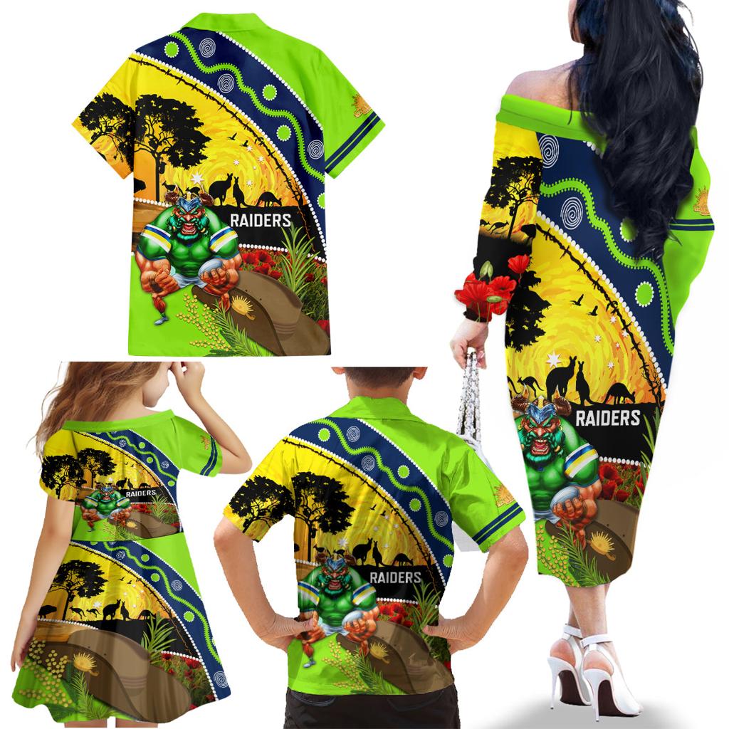 Raiders Rugby ANZAC Day Family Matching Off Shoulder Long Sleeve Dress and Hawaiian Shirt Green Machine Mascot Rosemary Starry Night