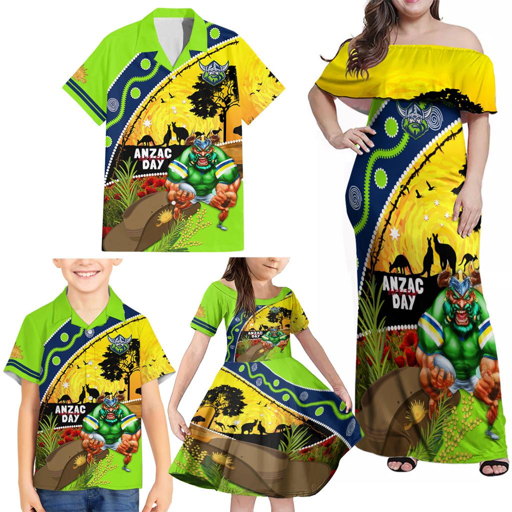 Raiders Rugby ANZAC Day Family Matching Off Shoulder Maxi Dress and Hawaiian Shirt Green Machine Mascot Rosemary Starry Night