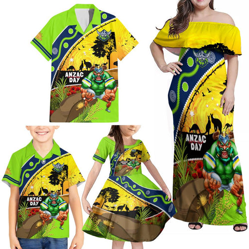 Raiders Rugby ANZAC Day Family Matching Off Shoulder Maxi Dress and Hawaiian Shirt Green Machine Mascot Rosemary Starry Night