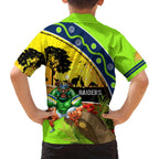 Raiders Rugby ANZAC Day Family Matching Off Shoulder Maxi Dress and Hawaiian Shirt Green Machine Mascot Rosemary Starry Night