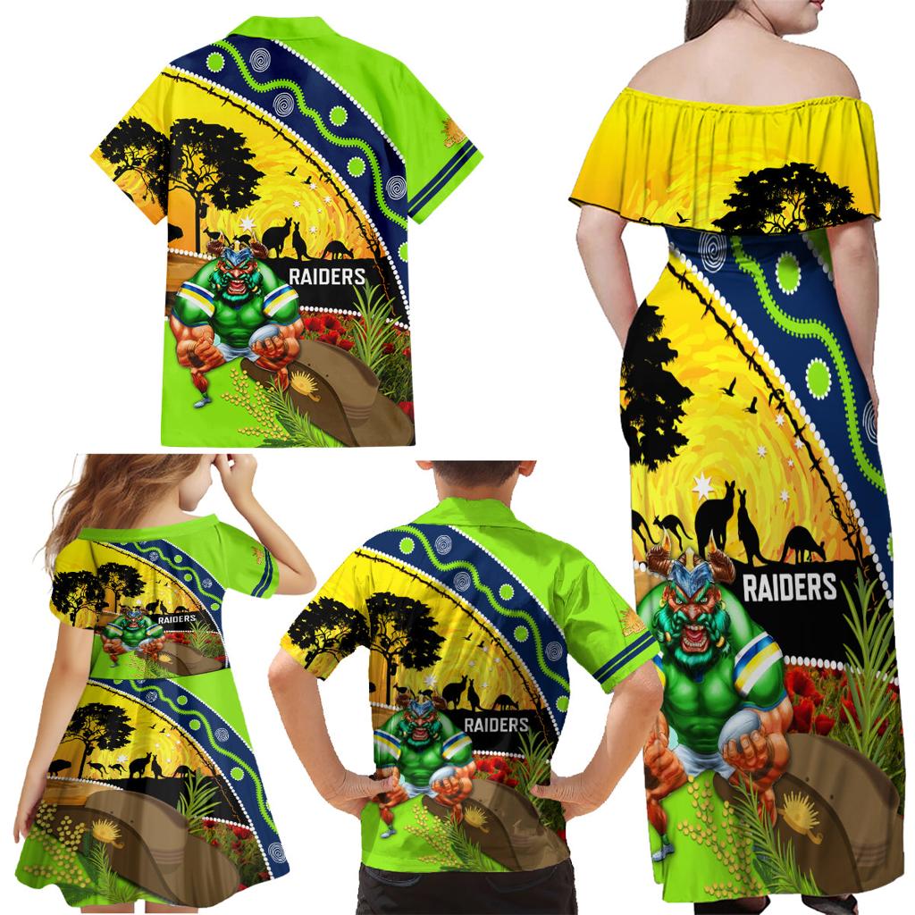 Raiders Rugby ANZAC Day Family Matching Off Shoulder Maxi Dress and Hawaiian Shirt Green Machine Mascot Rosemary Starry Night
