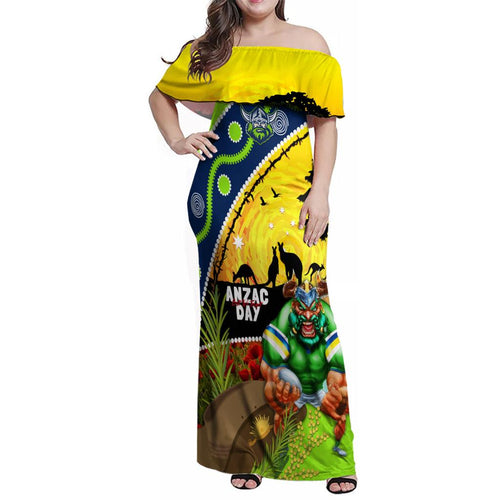 Raiders Rugby ANZAC Day Family Matching Off Shoulder Maxi Dress and Hawaiian Shirt Green Machine Mascot Rosemary Starry Night