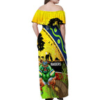 Raiders Rugby ANZAC Day Family Matching Off Shoulder Maxi Dress and Hawaiian Shirt Green Machine Mascot Rosemary Starry Night