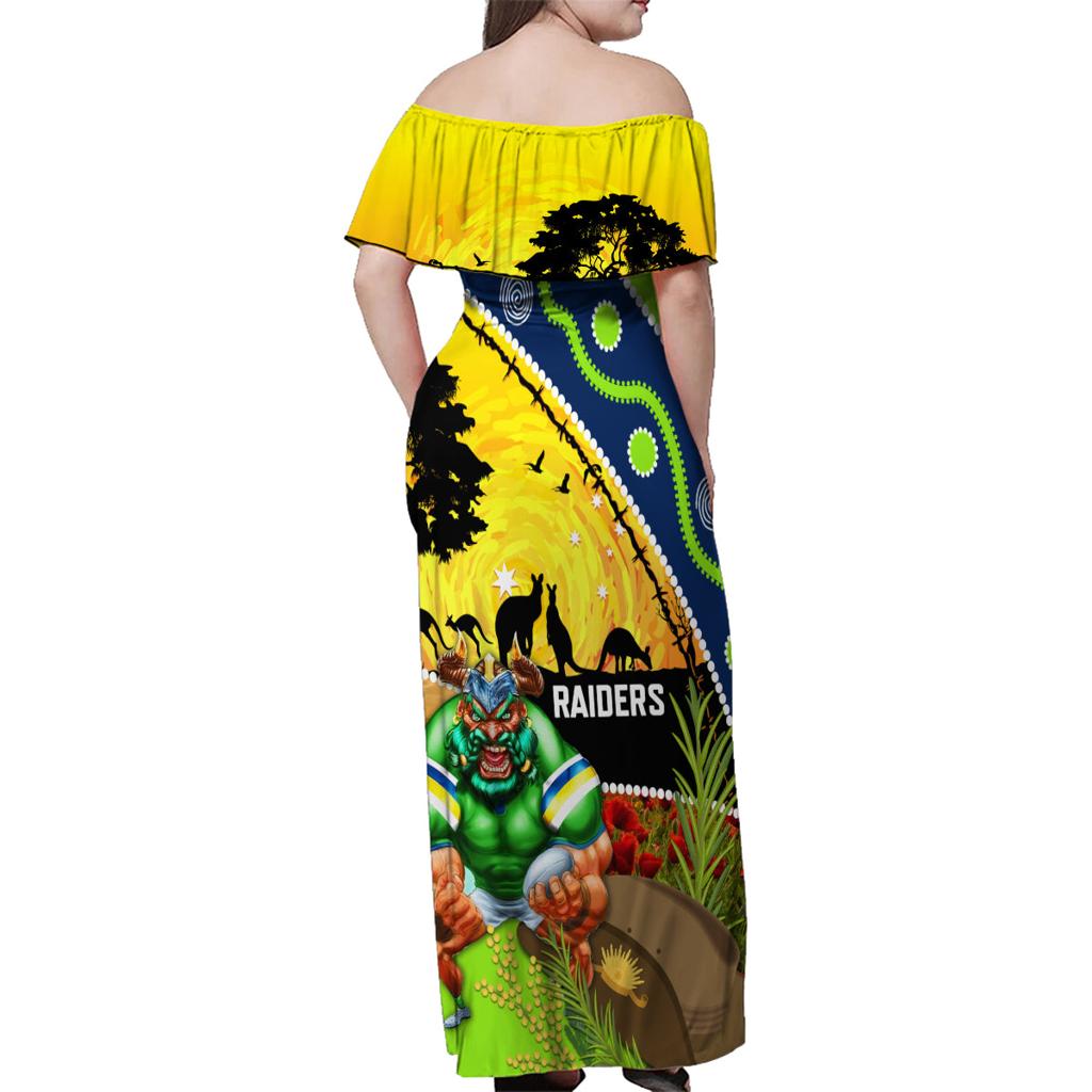 Raiders Rugby ANZAC Day Family Matching Off Shoulder Maxi Dress and Hawaiian Shirt Green Machine Mascot Rosemary Starry Night