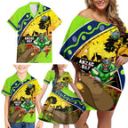 Raiders Rugby ANZAC Day Family Matching Off Shoulder Short Dress and Hawaiian Shirt Green Machine Mascot Rosemary Starry Night