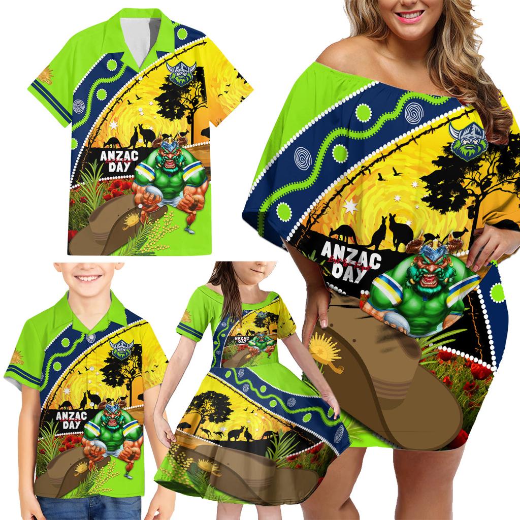 Raiders Rugby ANZAC Day Family Matching Off Shoulder Short Dress and Hawaiian Shirt Green Machine Mascot Rosemary Starry Night