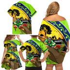 Raiders Rugby ANZAC Day Family Matching Off Shoulder Short Dress and Hawaiian Shirt Green Machine Mascot Rosemary Starry Night