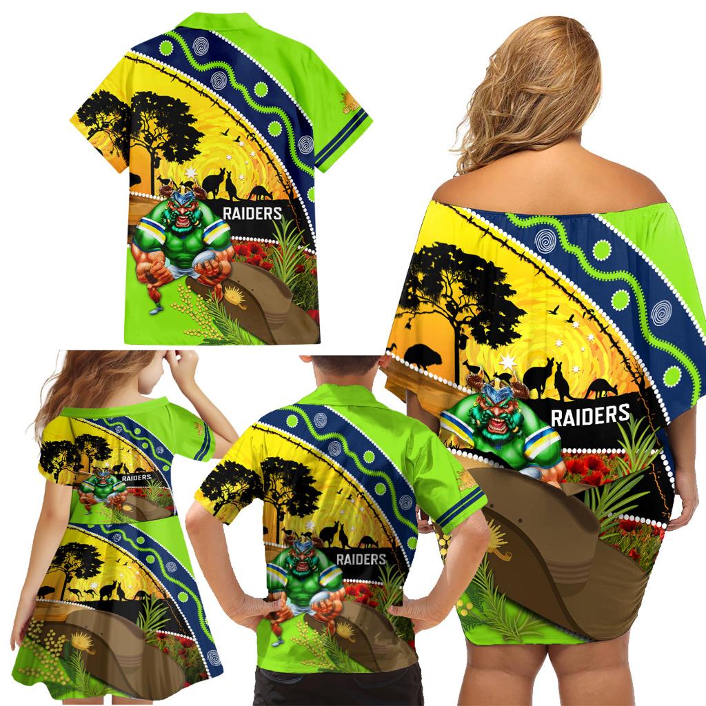 Raiders Rugby ANZAC Day Family Matching Off Shoulder Short Dress and Hawaiian Shirt Green Machine Mascot Rosemary Starry Night