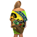 Raiders Rugby ANZAC Day Family Matching Off Shoulder Short Dress and Hawaiian Shirt Green Machine Mascot Rosemary Starry Night