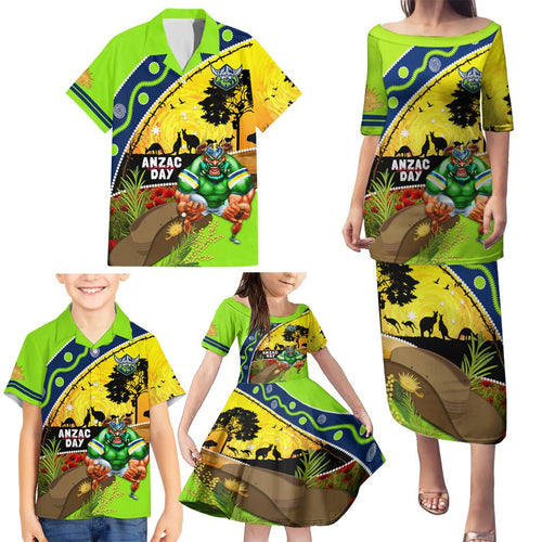 Raiders Rugby ANZAC Day Family Matching Puletasi and Hawaiian Shirt Green Machine Mascot Rosemary Starry Night