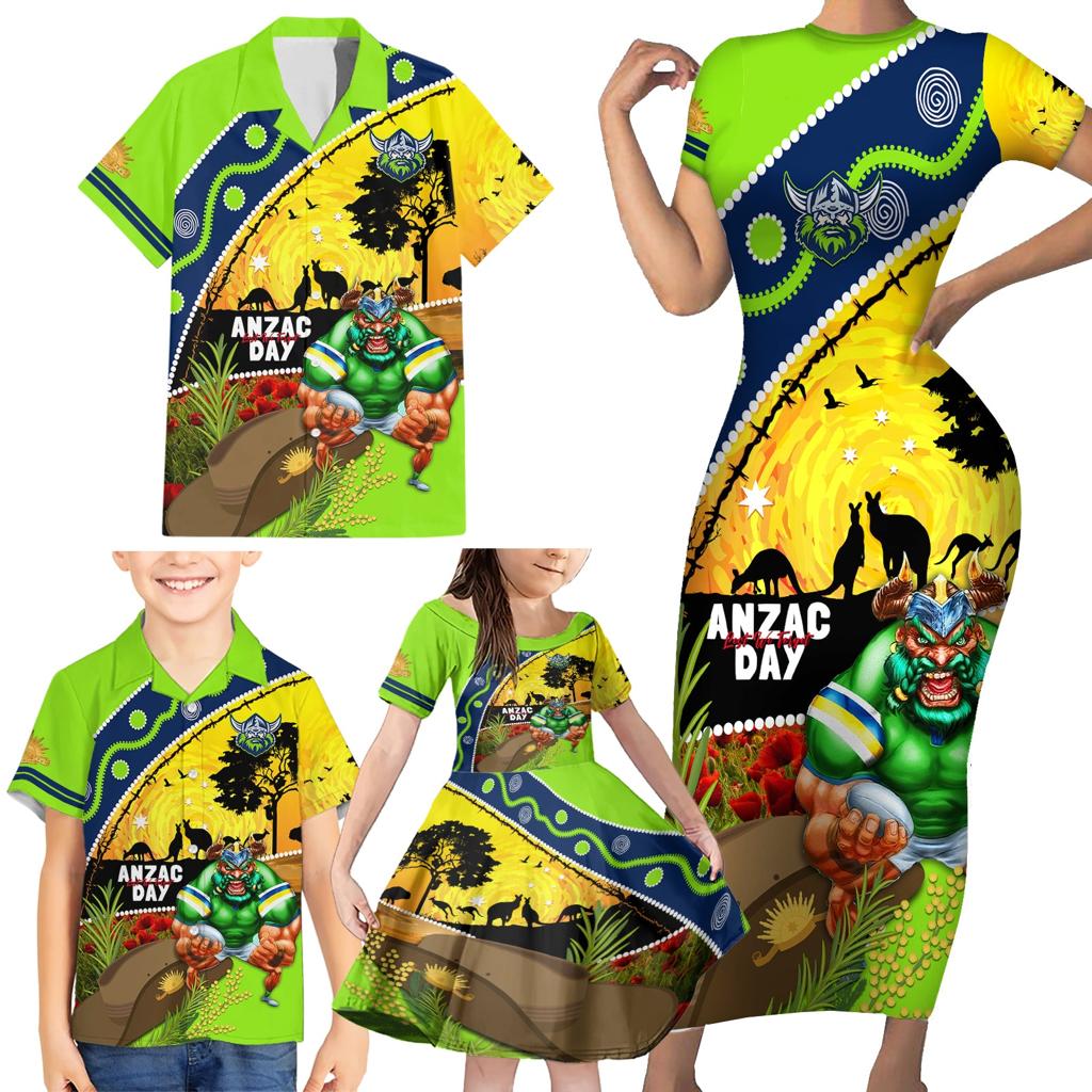 Raiders Rugby ANZAC Day Family Matching Short Sleeve Bodycon Dress and Hawaiian Shirt Green Machine Mascot Rosemary Starry Night