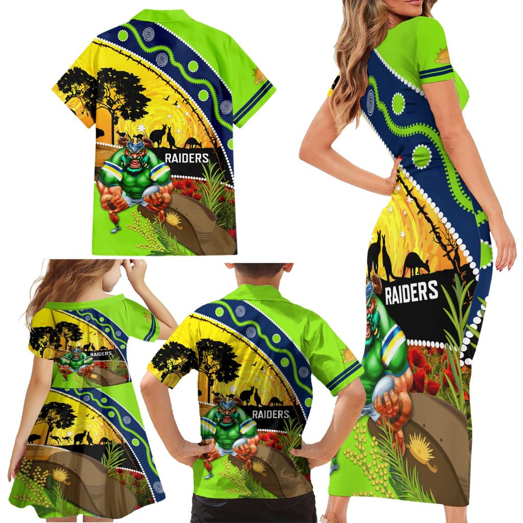 Raiders Rugby ANZAC Day Family Matching Short Sleeve Bodycon Dress and Hawaiian Shirt Green Machine Mascot Rosemary Starry Night