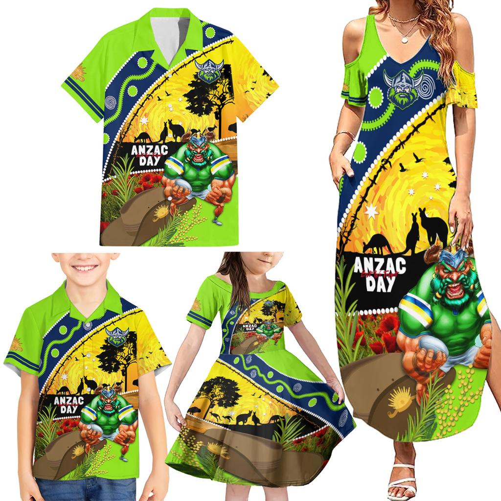 Raiders Rugby ANZAC Day Family Matching Summer Maxi Dress and Hawaiian Shirt Green Machine Mascot Rosemary Starry Night