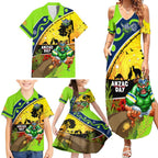 Raiders Rugby ANZAC Day Family Matching Summer Maxi Dress and Hawaiian Shirt Green Machine Mascot Rosemary Starry Night