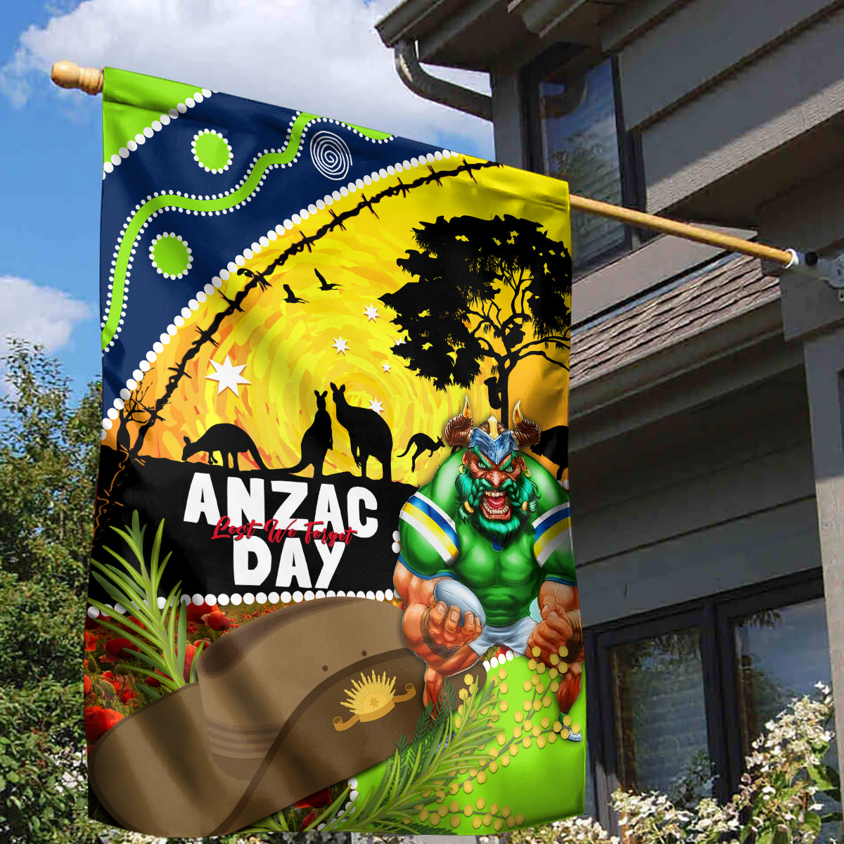 Raiders Rugby ANZAC Day Garden Flag Green Machine Mascot Rosemary Starry Night