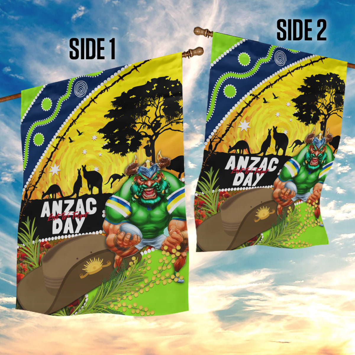 Raiders Rugby ANZAC Day Garden Flag Green Machine Mascot Rosemary Starry Night