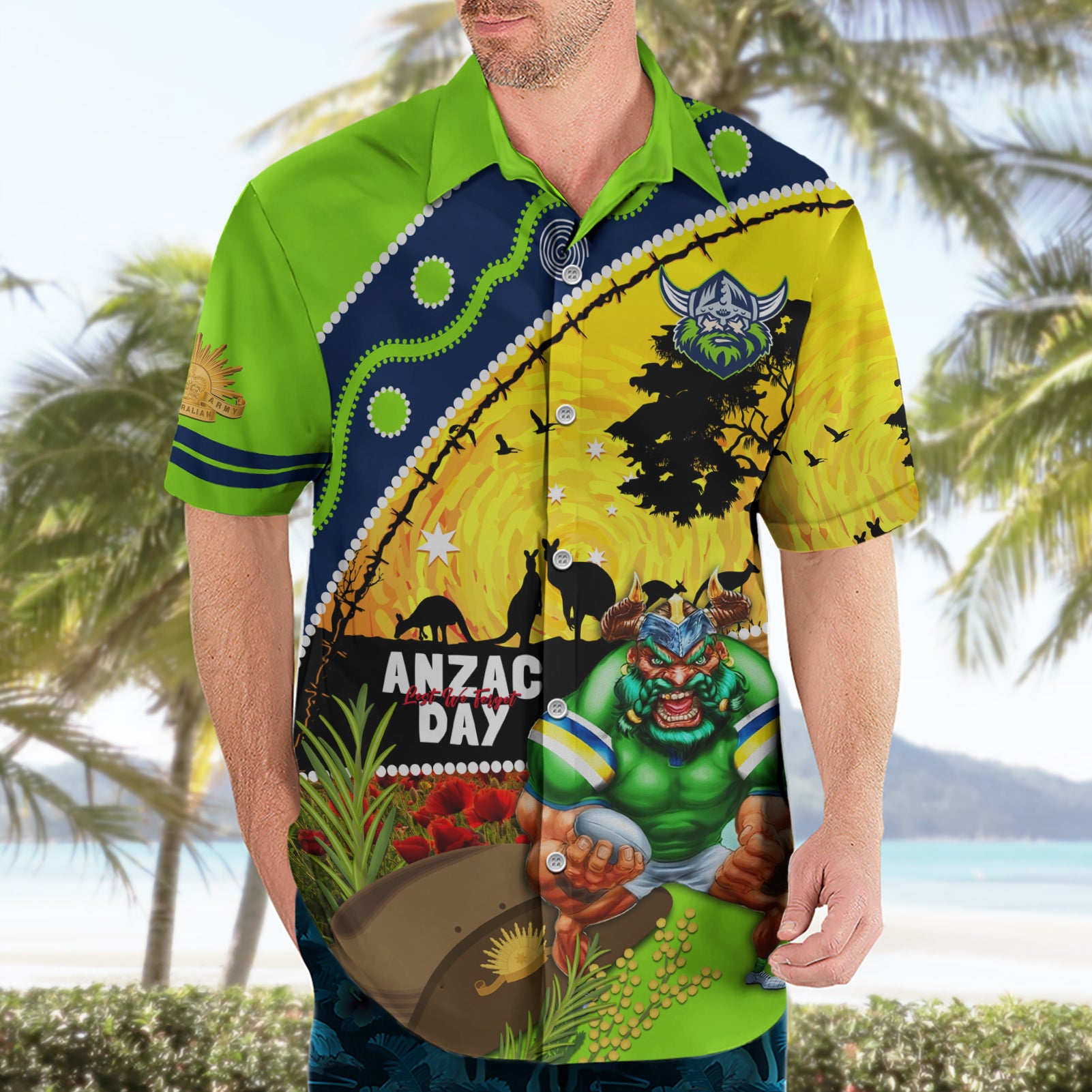 Raiders Rugby ANZAC Day Hawaiian Shirt Green Machine Mascot Rosemary Starry Night