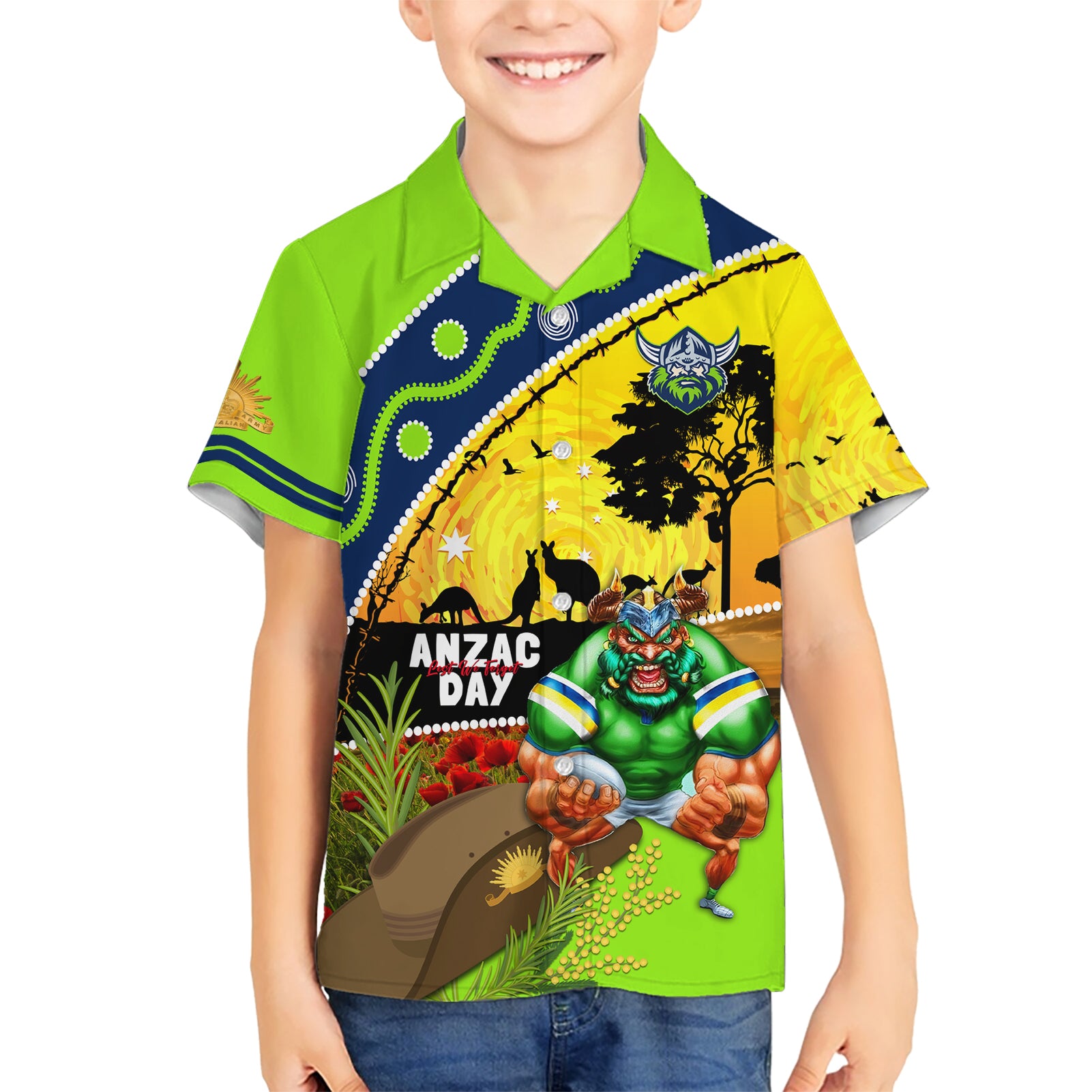 Raiders Rugby ANZAC Day Hawaiian Shirt Green Machine Mascot Rosemary Starry Night