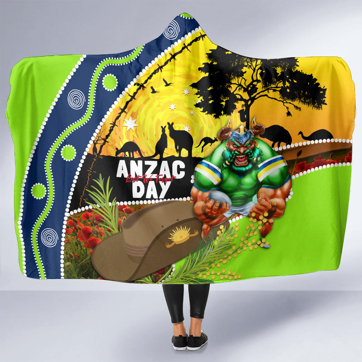 Raiders Rugby ANZAC Day Hooded Blanket Green Machine Mascot Rosemary Starry Night