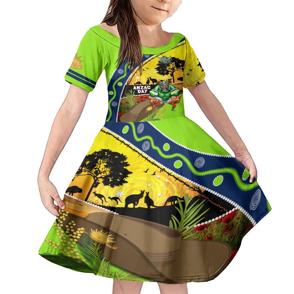 Raiders Rugby ANZAC Day Kid Short Sleeve Dress Green Machine Mascot Rosemary Starry Night