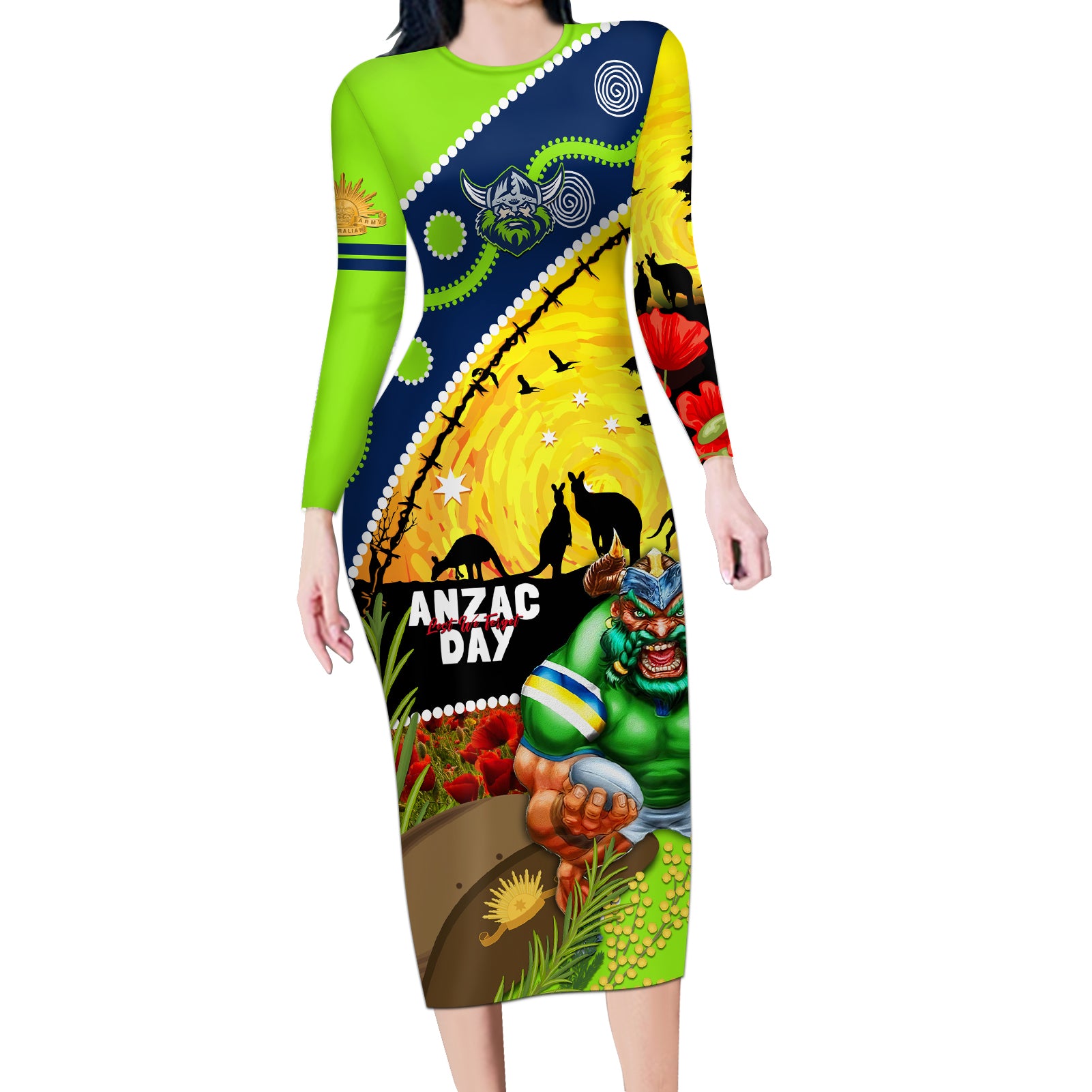 Raiders Rugby ANZAC Day Long Sleeve Bodycon Dress Green Machine Mascot Rosemary Starry Night