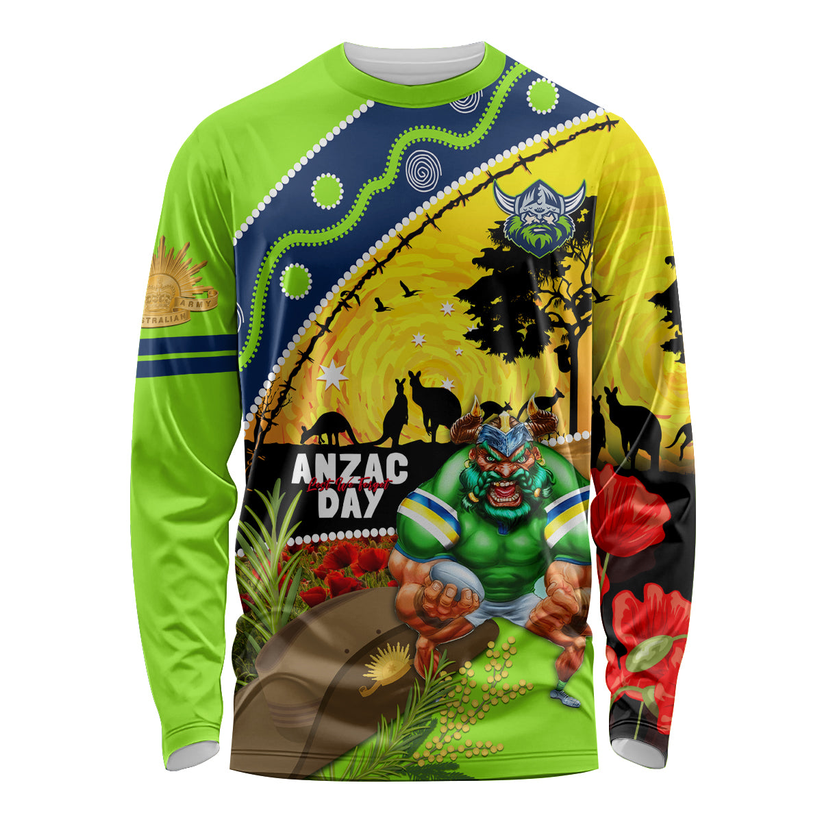 Raiders Rugby ANZAC Day Long Sleeve Shirt Green Machine Mascot Rosemary Starry Night