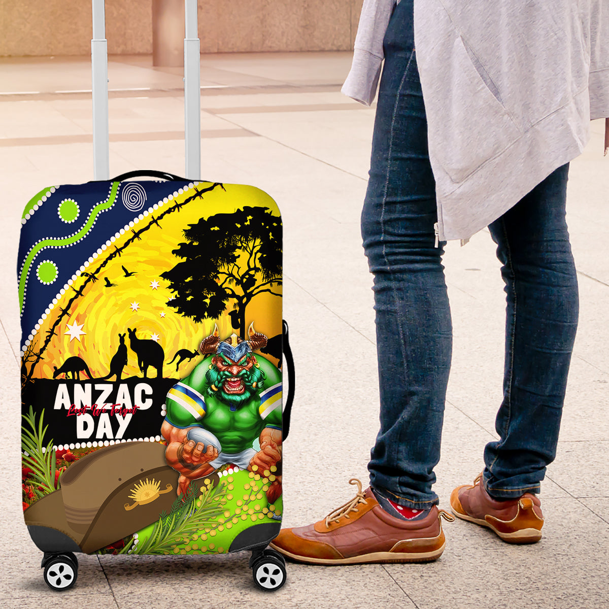 Raiders Rugby ANZAC Day Luggage Cover Green Machine Mascot Rosemary Starry Night