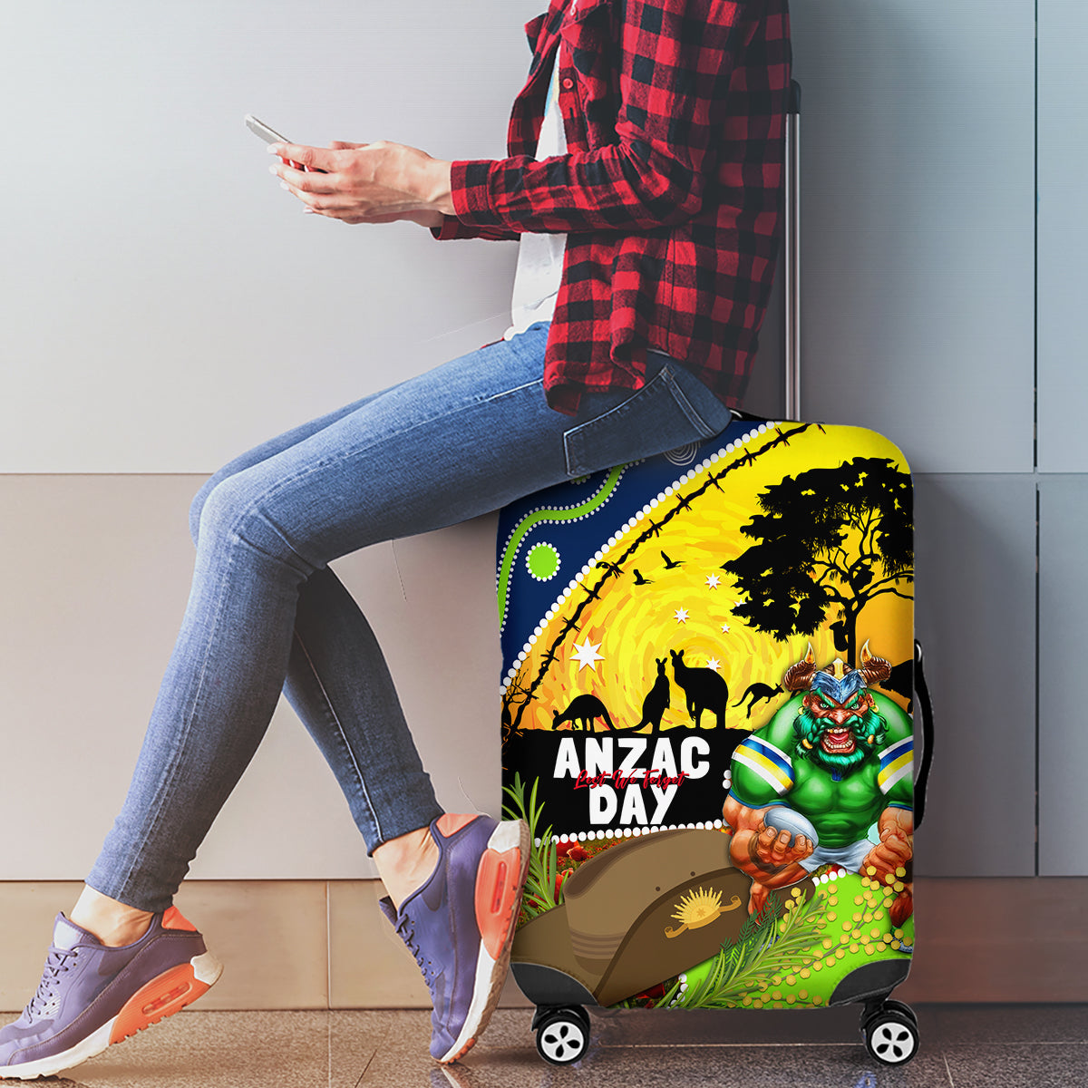 Raiders Rugby ANZAC Day Luggage Cover Green Machine Mascot Rosemary Starry Night