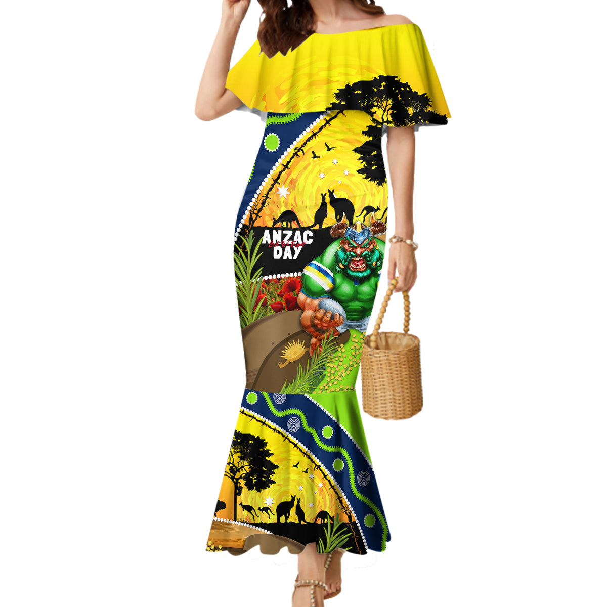 Raiders Rugby ANZAC Day Mermaid Dress Green Machine Mascot Rosemary Starry Night