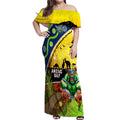 Raiders Rugby ANZAC Day Off Shoulder Maxi Dress Green Machine Mascot Rosemary Starry Night