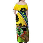 Raiders Rugby ANZAC Day Off Shoulder Maxi Dress Green Machine Mascot Rosemary Starry Night