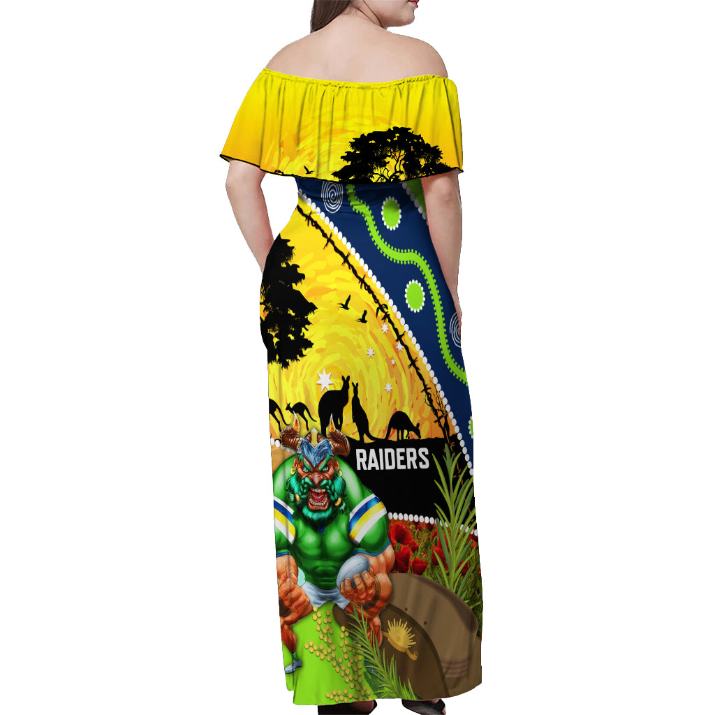 Raiders Rugby ANZAC Day Off Shoulder Maxi Dress Green Machine Mascot Rosemary Starry Night