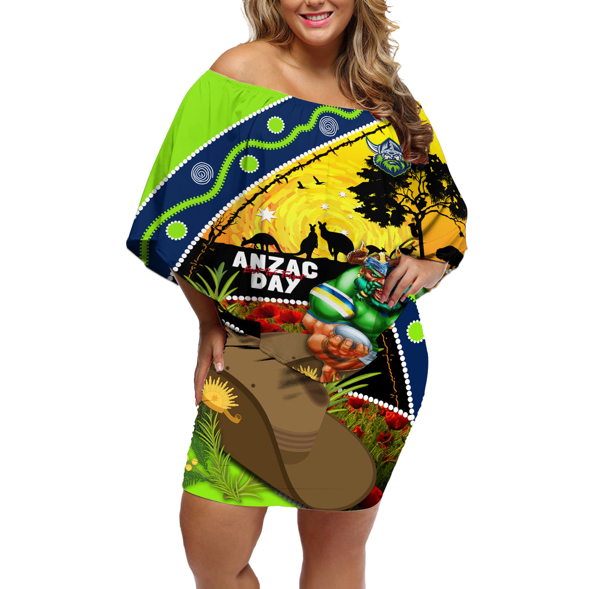 Raiders Rugby ANZAC Day Off Shoulder Short Dress Green Machine Mascot Rosemary Starry Night