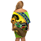Raiders Rugby ANZAC Day Off Shoulder Short Dress Green Machine Mascot Rosemary Starry Night