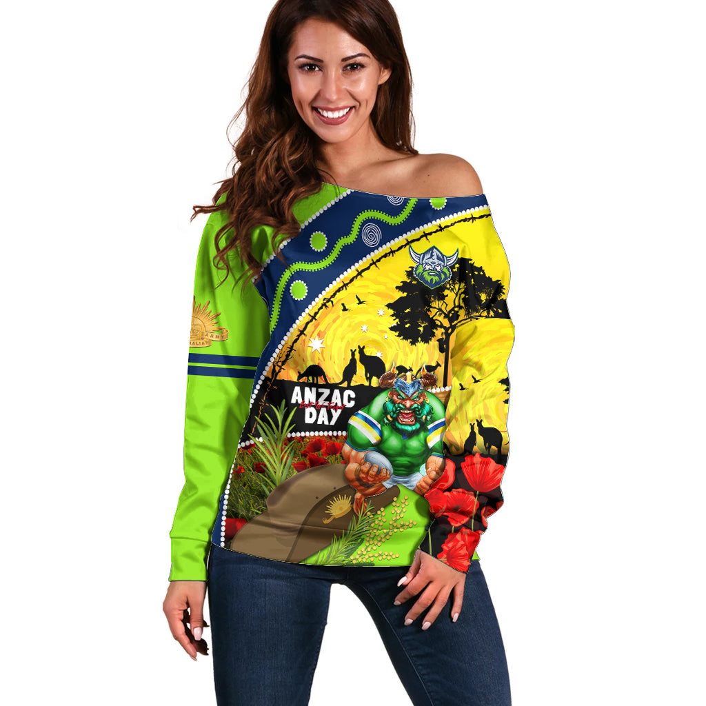 Raiders Rugby ANZAC Day Off Shoulder Sweater Green Machine Mascot Rosemary Starry Night
