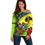 Raiders Rugby ANZAC Day Off Shoulder Sweater Green Machine Mascot Rosemary Starry Night