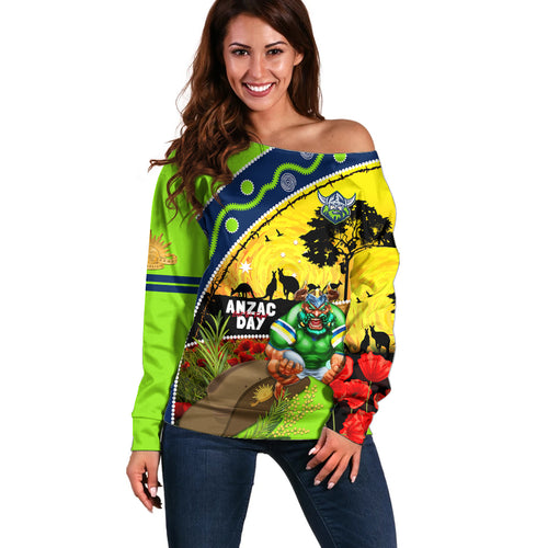 Raiders Rugby ANZAC Day Off Shoulder Sweater Green Machine Mascot Rosemary Starry Night