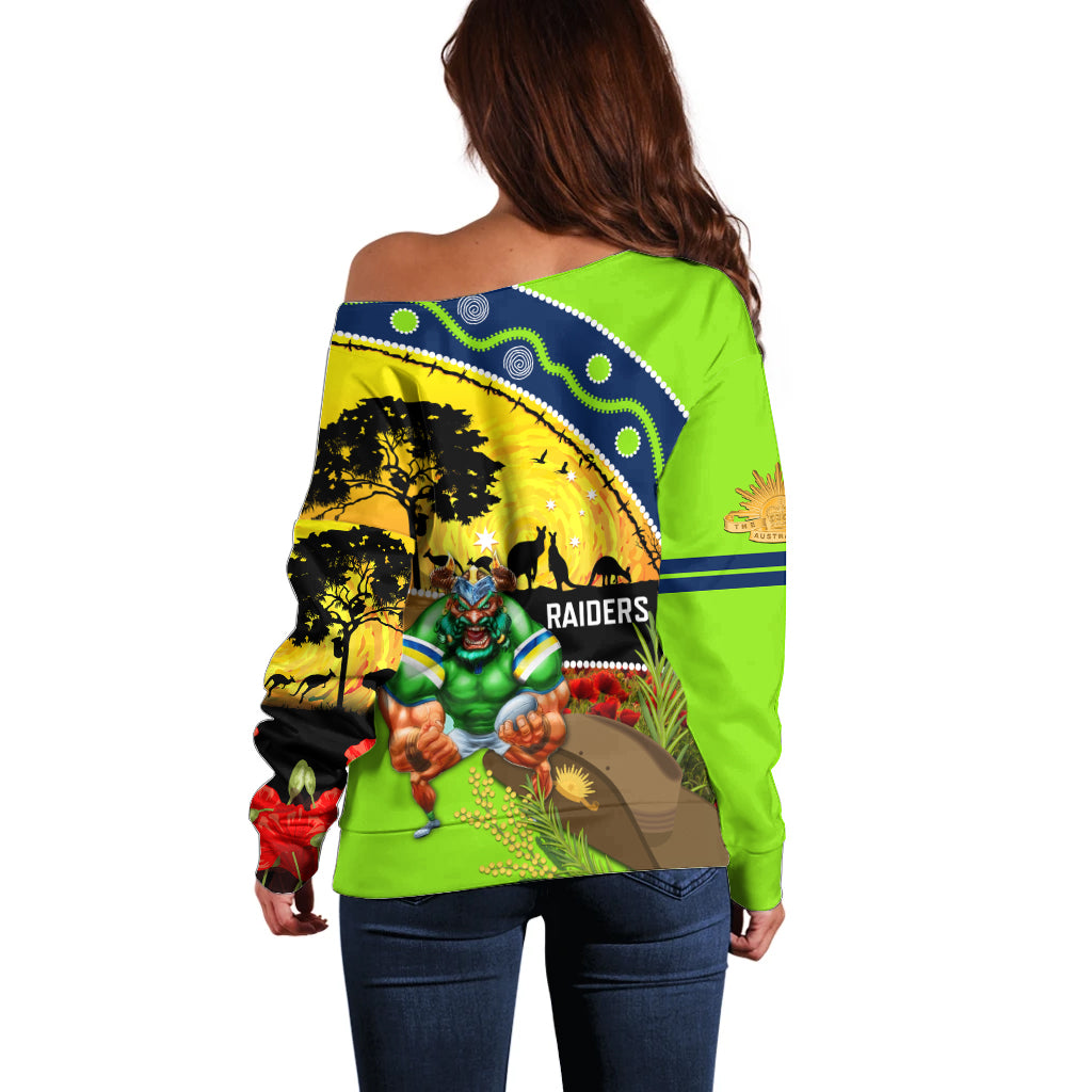 Raiders Rugby ANZAC Day Off Shoulder Sweater Green Machine Mascot Rosemary Starry Night
