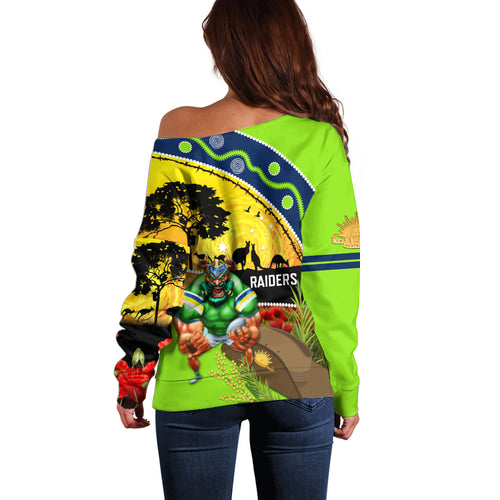 Raiders Rugby ANZAC Day Off Shoulder Sweater Green Machine Mascot Rosemary Starry Night