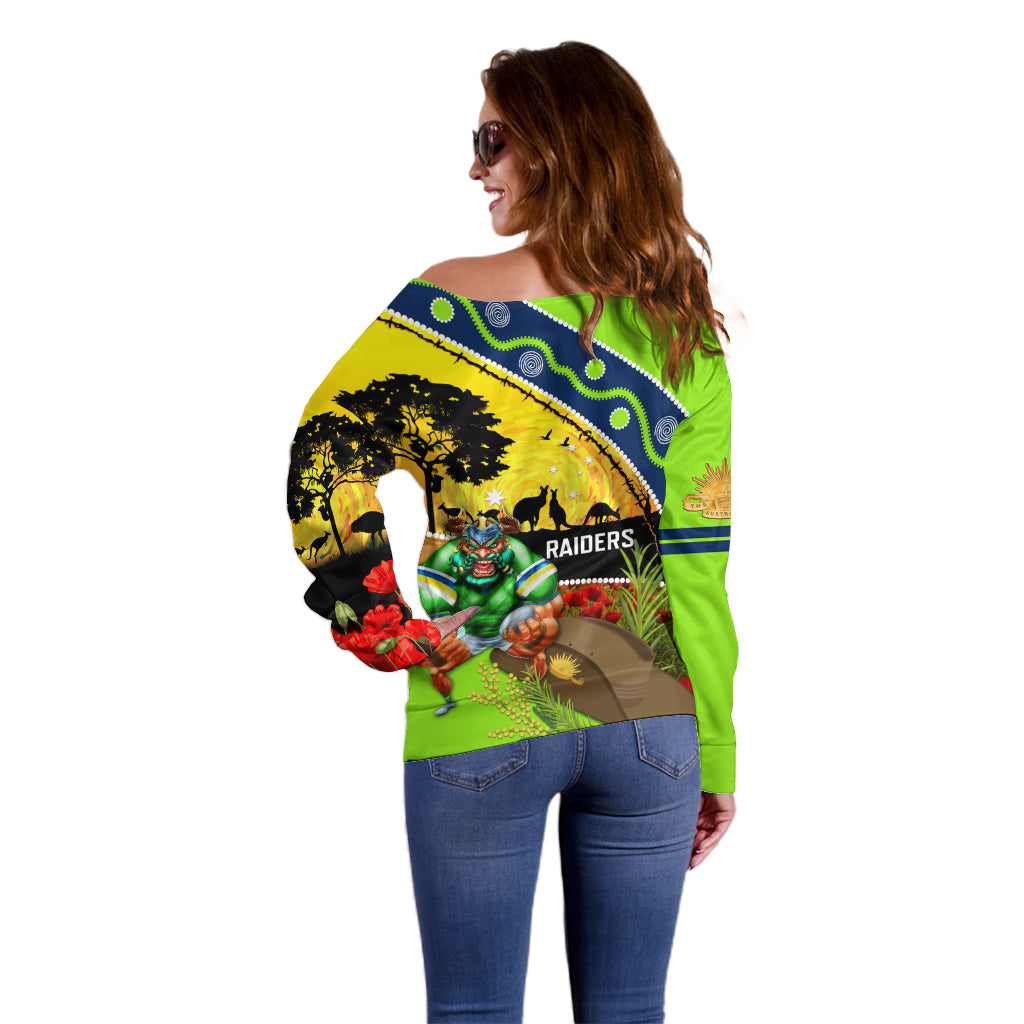 Raiders Rugby ANZAC Day Off Shoulder Sweater Green Machine Mascot Rosemary Starry Night