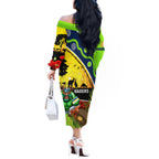 Raiders Rugby ANZAC Day Off The Shoulder Long Sleeve Dress Green Machine Mascot Rosemary Starry Night