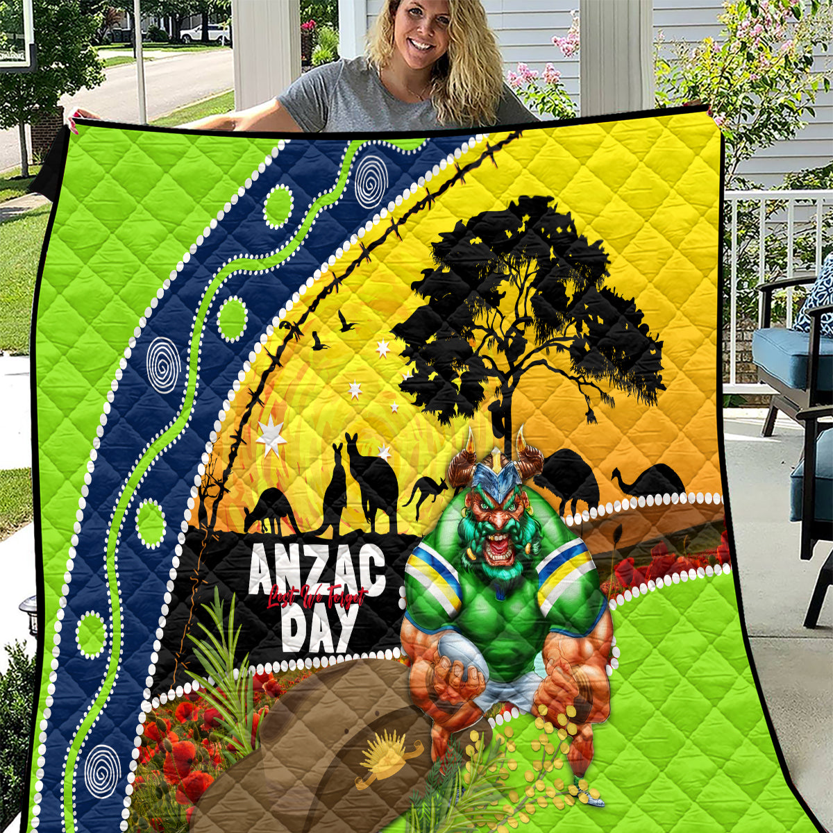 Raiders Rugby ANZAC Day Quilt Green Machine Mascot Rosemary Starry Night